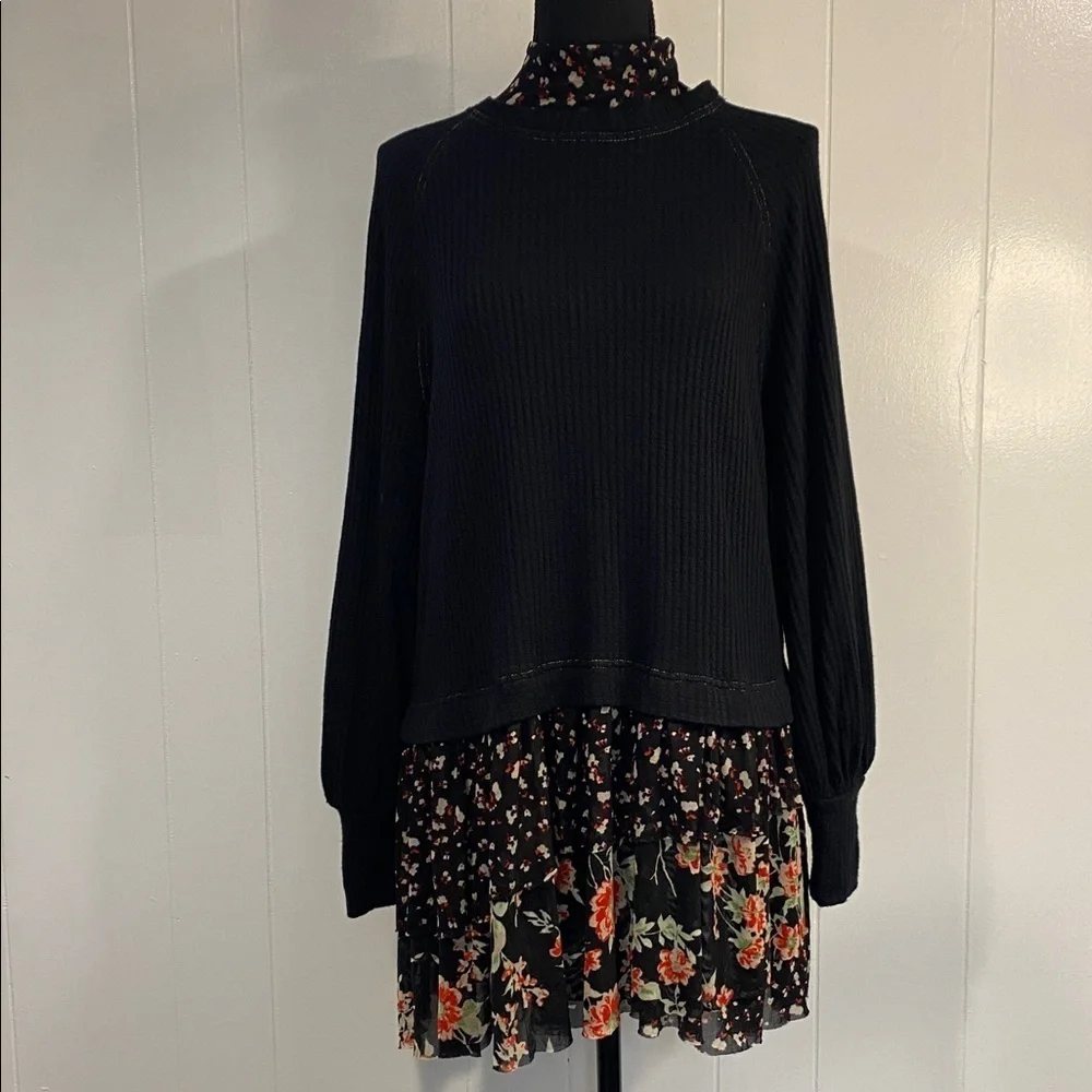 Free People Opposites Attract Mini Dress Black Waffle Top Floral Tiered Skirt XS
